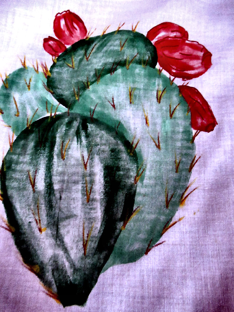 close up vintage antique hand painted cactus flower hanky