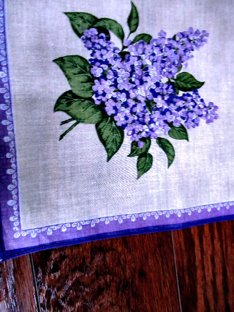 close up vintage antique hanky purple lilacs