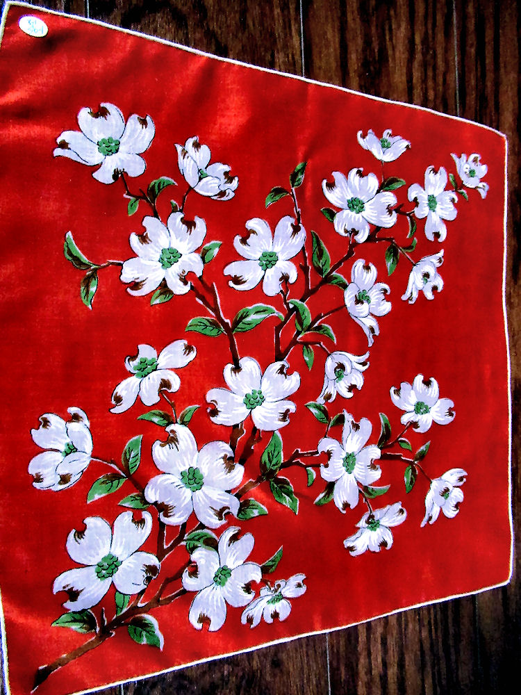 vintage antique dogwood floral print hanky red