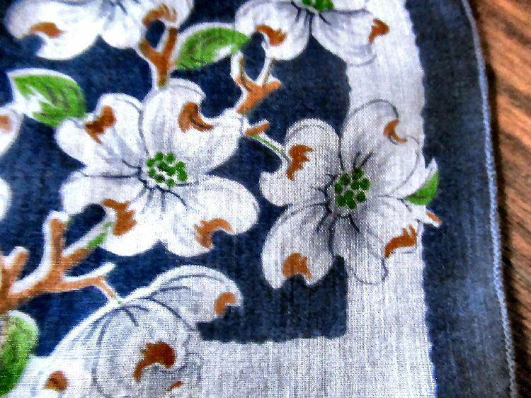 vintage antique hanky floral print dogwood on navy blue