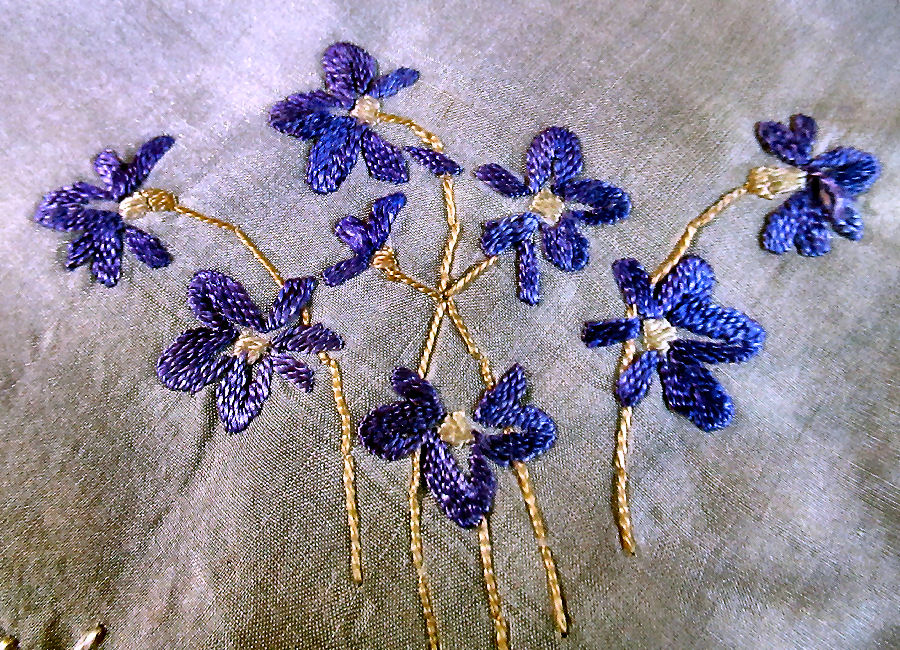 close up vintage silk  hanky with hand embroidered violets