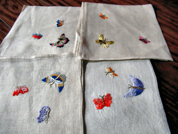 set vintage  antique linen  napkins hand embroidered Butterflies