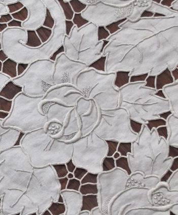 close up 9 vintage antique white linen tablecloth handmade lace and embroidery
