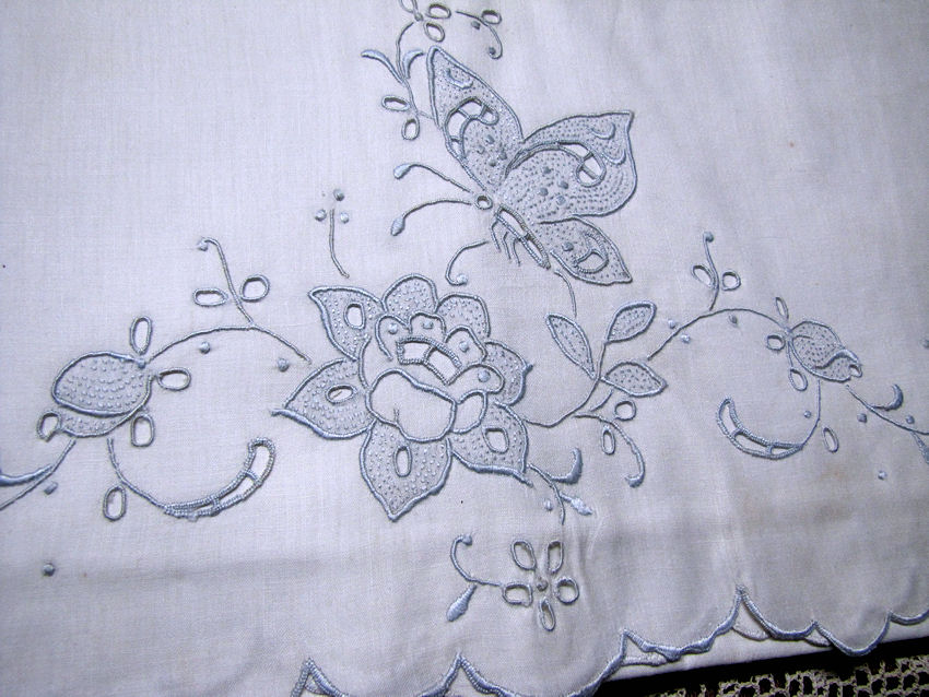 close up pair vintage antique pillowcases handmade Madeira