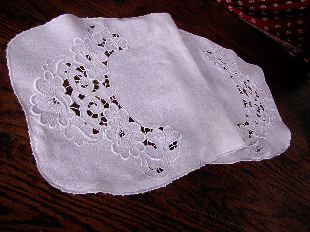 vintage  antique handmade cutwork lace table runner or dresser scarf