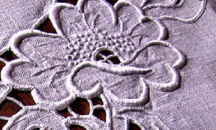 close up 2 vintage  antique handmade cutwork lace table runner or dresser scarf