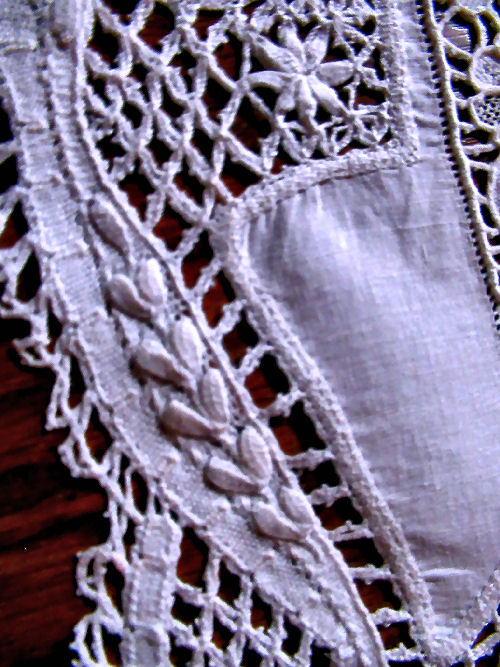 close up vintage  antique handmade table runner dresser scarf lace whitework