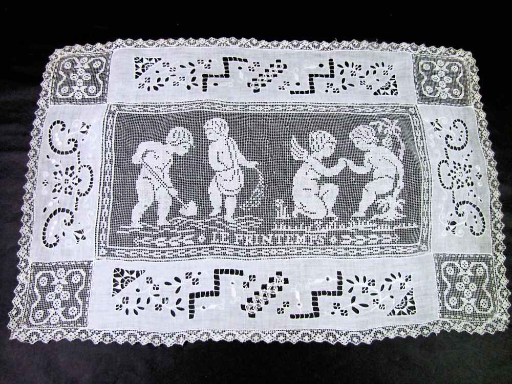 vintage antique table runner handmade figural lace and whitework