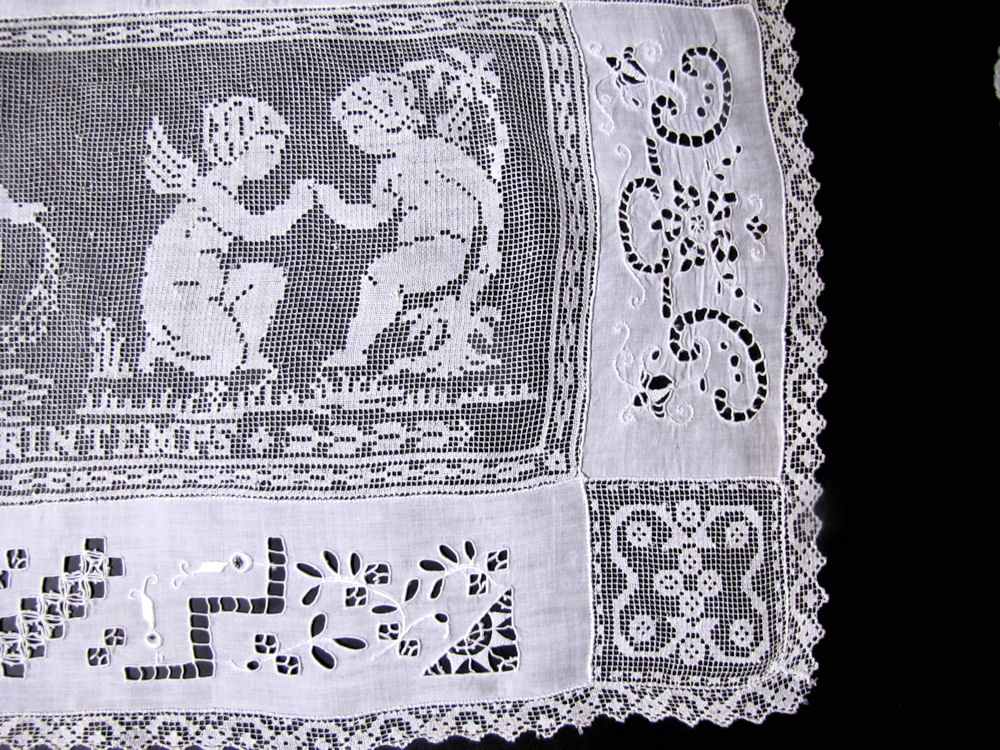 close up 2 vintage antique table runner handmade figural lace and whitework