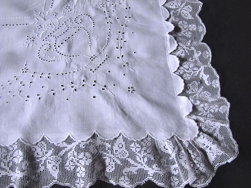 close up vintage antique tablecloth with handmade figural lace