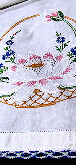 vintage antique table runner dresser scarf embroidered flower basket