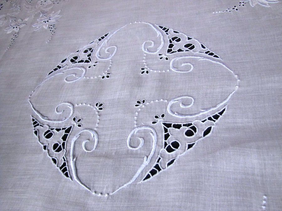 close up 2 vintage antique table topper handmade lace and embroidery