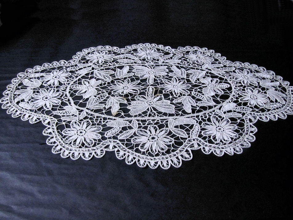vintage antique table topper handmade needle lace figural butterflies and flowers