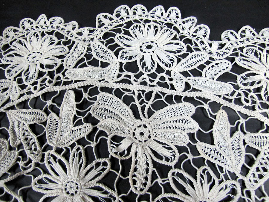 vintage antique table topper handmade needle lace figural butterflies and flowers
