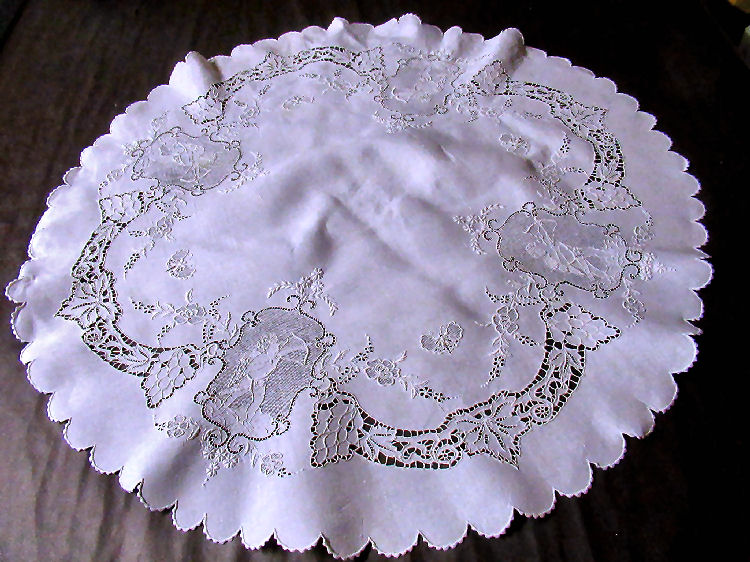vintage antique table topper Appenzell figural lace cupid