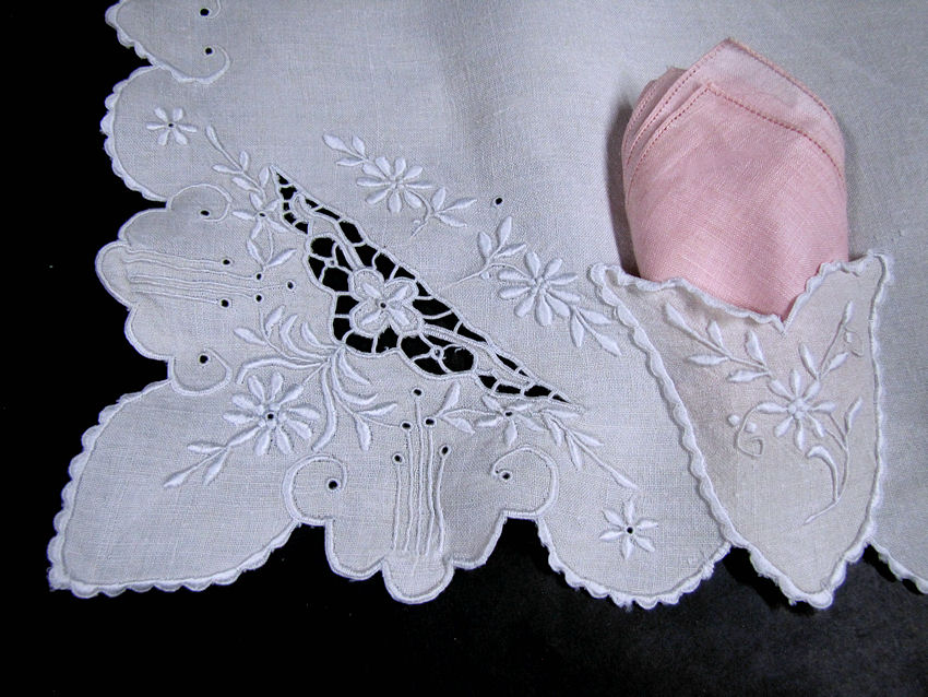 vintage antique white linen napkins birds prints
