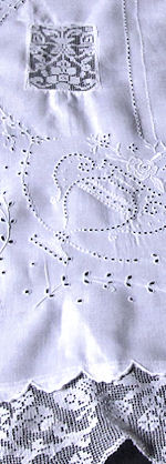 vintage white linen tablecloth handmade figural lace