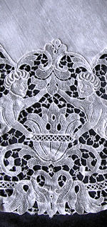 vintage table topper figural lace on linen