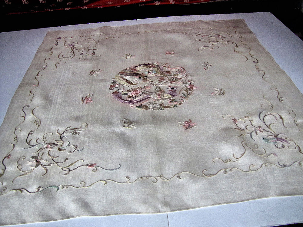 vintage antique silk oriental hand embroidered table topper