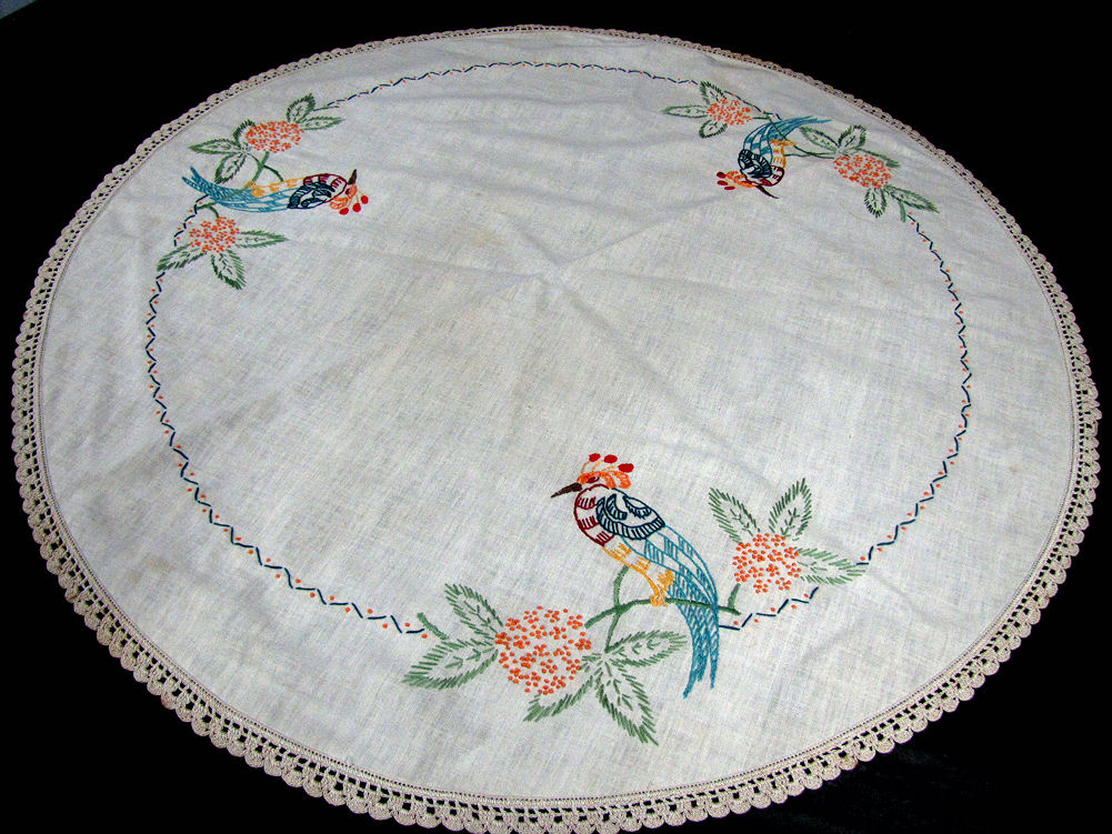 vintage antique table topper handmade embroidery lace birds