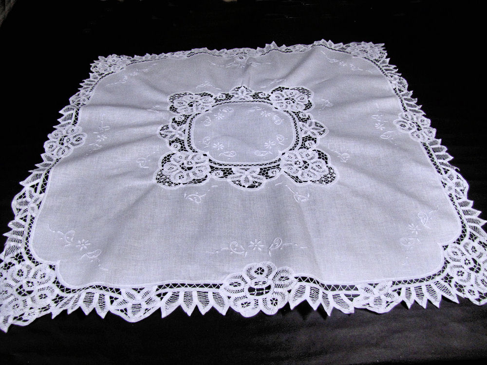 vintage antique table topper handmade lace whitework embroidery