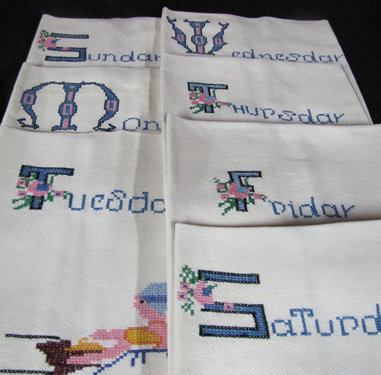 vintage antique towels hand embroidered days of the week